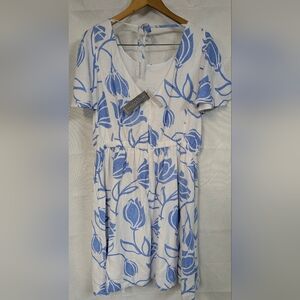 Lane Bryant Linen Blend Dress with Blue Floral on White